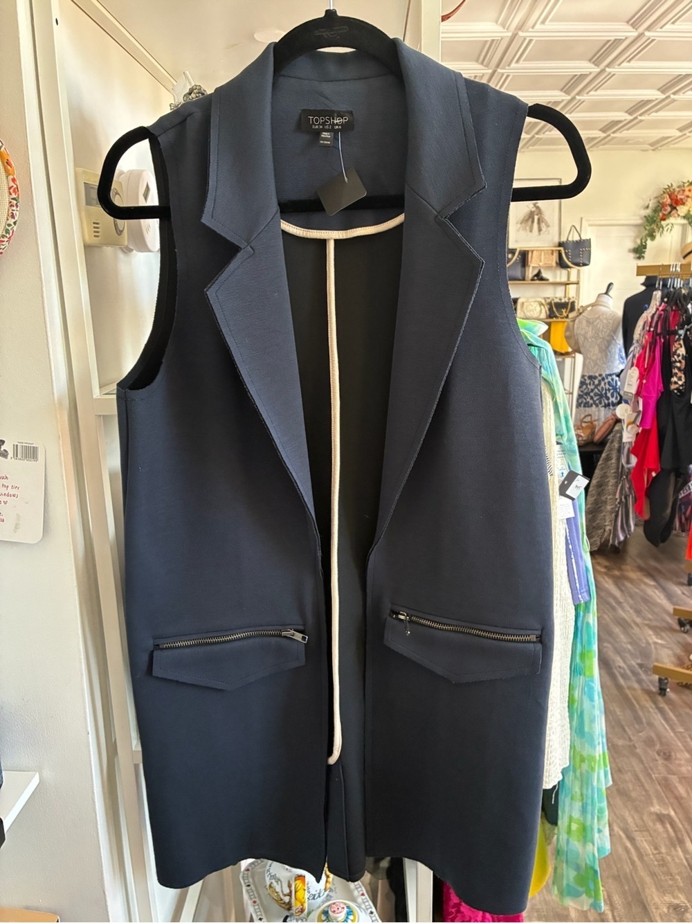 Topshop Navy Sleeveless Longline Blazer Vest with Zip Pockets